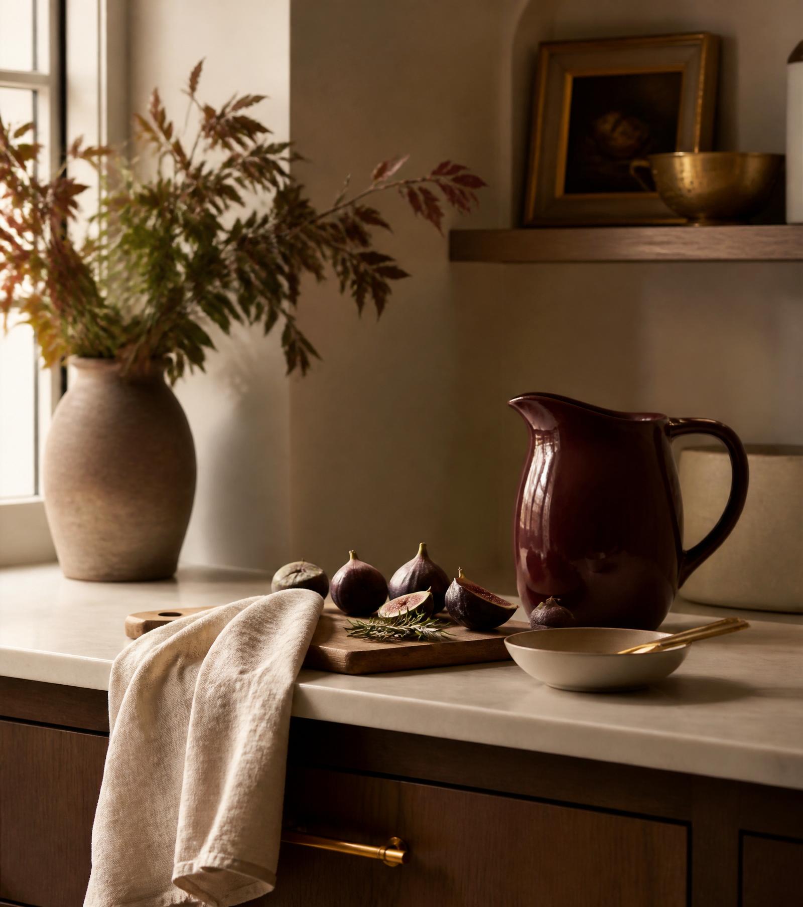 Warm styled kitchen with burgundy pitcher and gold accents